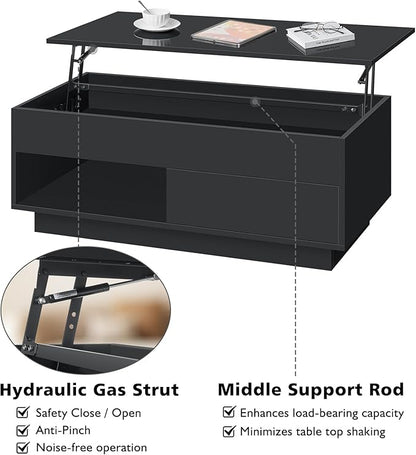 HOMMPA 40" Lift Top Coffee Table with Storage LED Coffee Table Morden High Gloss Living Room 3 Tiers Modern Tea Table with Storage Center Tables Hidden Compartment & Open Shelve & Drawer Black