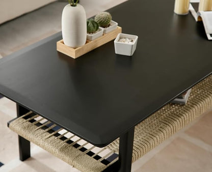 chairus Farmhouse Coffee Table Rectangular Living Room Table with Rattan Storage Solid Wood Center Table for Apartment, Home, Office, Black