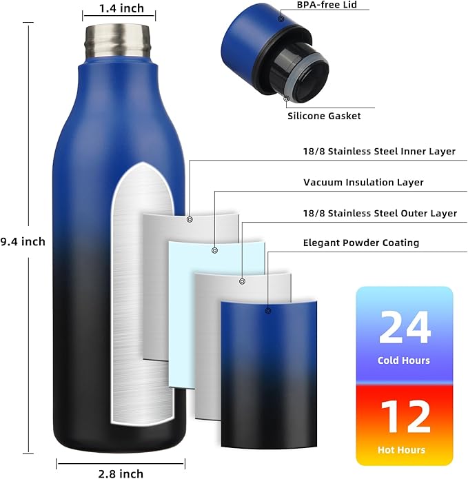 BJPKPK Insulated Water Bottles, 18 oz Stainless Steel Metal Water Bottle with Strap, BPA Free Leak Proof Jugs, Mugs, Flasks, Reusable Thermal Flasks for Sports & Travel, Blue Black