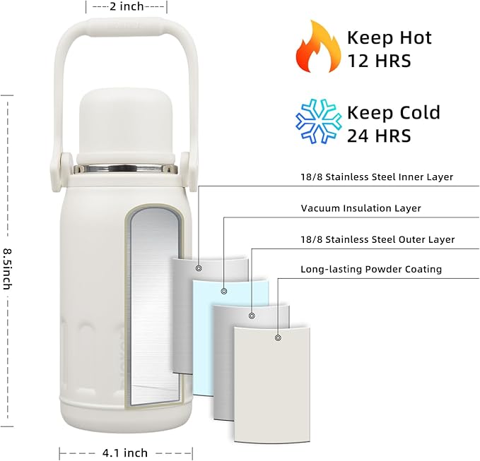 BJPKPK Insulated Water Bottle Leak Proof 27oz Stainless Steel Water Bottles with Handle and Lid Travel Metal Thermal Flask,Beige