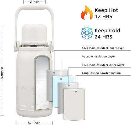 BJPKPK Insulated Water Bottle Leak Proof 27oz Stainless Steel Water Bottles with Handle and Lid Travel Metal Thermal Flask,Beige