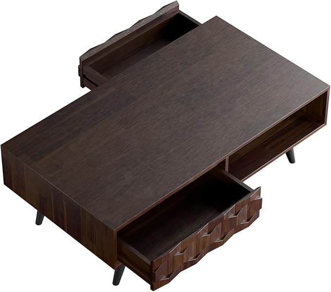 Bme Georgina Solid Wood Coffee Tables for Living Room, Coffee Table Mid Century Modern with 2 Symmetrical Storage Drawers & Geometric Details, Fully Assembled Center Table, Walnut