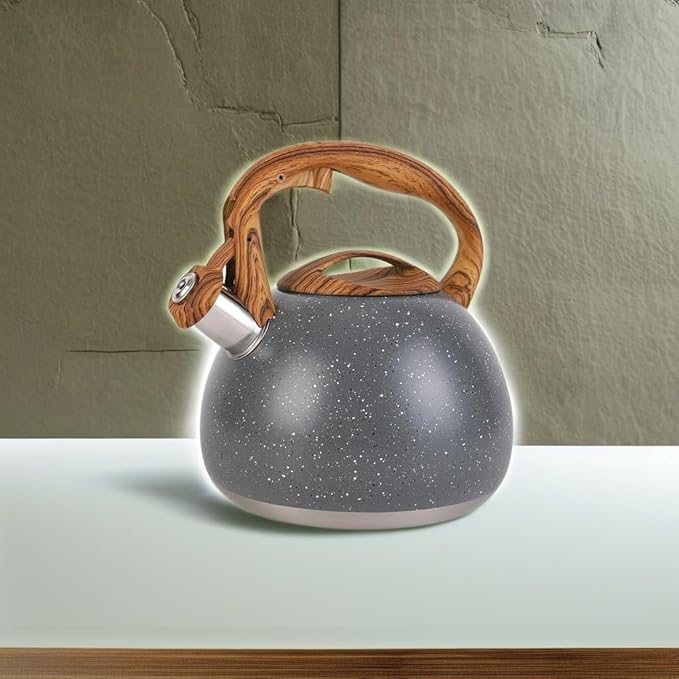 Tea Kettle, Vegoran 100 OZ / 3 Liter Whistling Tea Kettle, Tea Pots for Stove Top Food Grade Stainless Steel with Wood Pattern Folding Handle, Loud Whistle Kettle for Tea, Coffee, Milk (Gray)