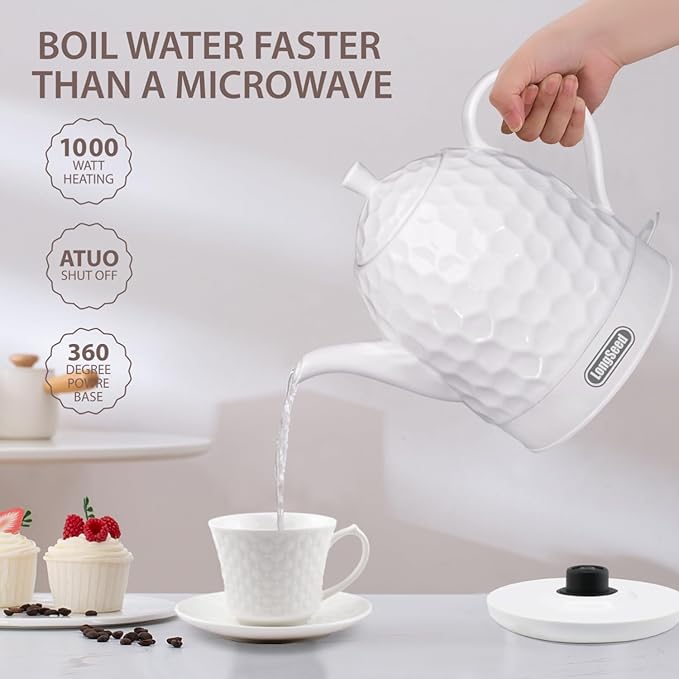 Ceramic Electric Kettle 1 Quarts, 1000W Hot Water Boiler, Automatic Shut-off, BPA-Free, Teapot Rapid Boil For Coffee & Tea, Boil-Dry Protection, White Gooseneck