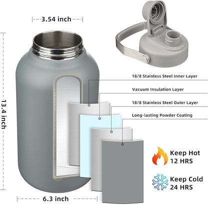 BJPKPK 1 Gallon Water Bottle Insulated, Dishwasher Safe 128oz Large Water Jug with Metal Handle & BPA Free Spout Lid, Stainless Steel Metal Thermo for Gym, Sports & Hiking, Grey