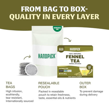 HANDPICK Fennel Seed Tea Bags (100 Count), Authentic Indian Origin with Natural Aroma & Sweetness | Naturally Support Digestion & Immune System | 100% Pure, Non GMO & Caffeine Free