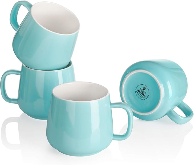 Teocera Ceramic Coffee Mug Set of 4-12 oz Coffee Mugs with Large Handles for Hot or Cold Drinks Like Latte, Cocoa, Tea or Juice - Smooth Ceramic, Dishwasher Safe, Turquoise