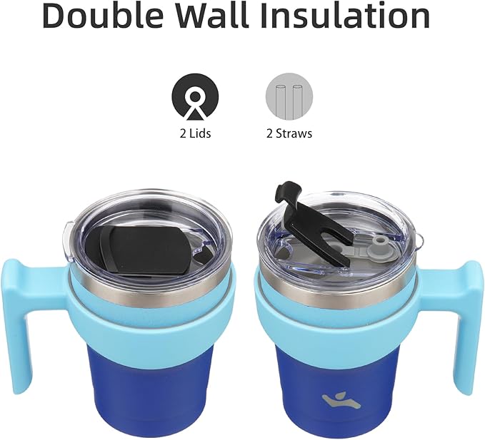 10 oz Tumbler with Handle and 2 Straw 2 Lid, Insulated Water Bottle Stainless Steel Vacuum Cup Reusable Travel Mug,Sky