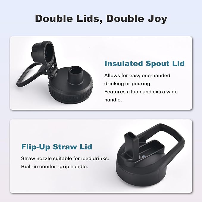 mininoo 24 oz Insulated Water Bottle with Straw Lid, Stainless Steel Double Wall Vacuum, Leak Proof, BPA Free, Keep Cold for 24H & Hot for 12H-2 pack(Black)