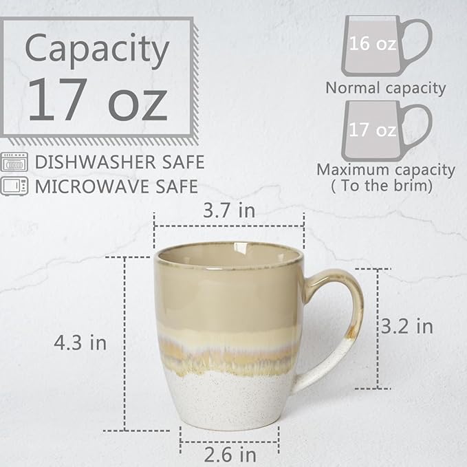 Bosmarlin Ceramic Coffee Mug Set of 4, 17 Oz, Coffee Cups with Big Handle, Microwave Safe, Unique Reactive Glaze