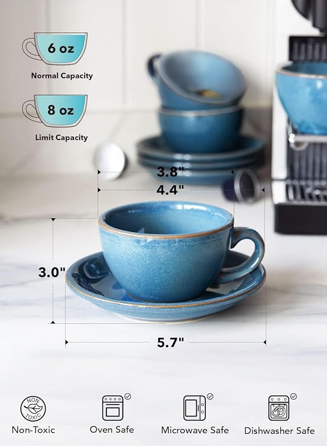 LE TAUCI 6 oz Cappuccino Cups with Saucers, Ceramic Coffee Cup for Au Lait, Double shot, Latte, Cafe Mocha, Tea - Set of 4, Ceylon Blue