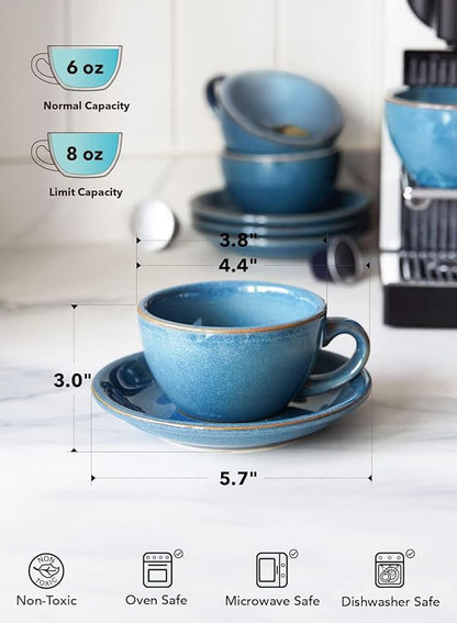 LE TAUCI 6 oz Cappuccino Cups with Saucers, Ceramic Coffee Cup for Au Lait, Double shot, Latte, Cafe Mocha, Tea - Set of 4, Ceylon Blue