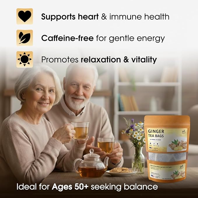 Ginger Tea Bags - 50 Bags - Premium & Spicy Ginger Herbal Tea - Pure Natural Extract Caffeine-Free and Gluten-Free Herbal Tea from Real Flowers for Relaxation with Smooth Taste (50 count)