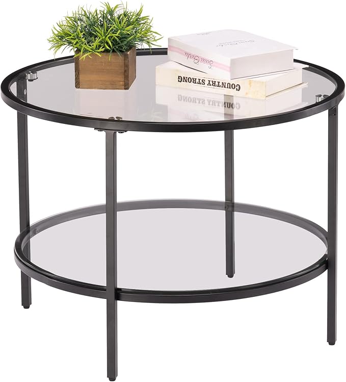 VINGLI 25.6" Round Black Coffee Tables for Living Room, 2-Tier Glass Top Coffee Table with Storage Clear Coffee, Simple & Modern Center Table for Small Space
