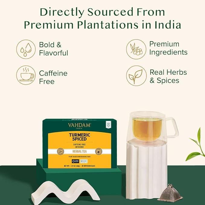 VAHDAM, Turmeric Spice Herbal Tea Bags (30 Count) Caffeine Free, Non GMO, Gluten Free | 100% Pure Herbal Tisane - Savory & Spicy | Individually Wrapped Pyramid Tea Bags | Direct from Source