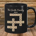 Load image into Gallery viewer, Family Forever Linked Together Custom Names Ceramic Mug, Crossword Puzzle Art, for Birthday, Anniversary or Special Occasions (Family Forever Linked Together Black Mug)