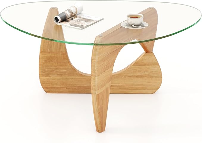 Tangkula Triangle Glass Coffee Table, Mid-Century Modern Center Table with Tempered Glass Top & Adjustable Rubber Wood Base, Small Coffee Table for Small Spaces, Living Room & Reception Room (Natural)
