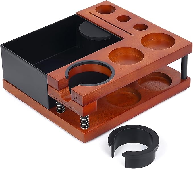 Espresso Knock Box, Tamping Station, Two-tier Organizer Station, Spring-loaded Portafilter Holder, Basket Filters & Funnel Stand, Fits 51/54/58MM Tamper, Distributor, Portafilter, Puck Screen