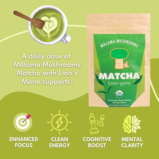 Malama Ceremonial Grade Matcha Powder - Premium Japanese Matcha Green Tea Powder with Organic Lion’s Mane Extract - Organic, Gluten-Free, Vegan, & Unsweetened (2.1 oz) for Energy & Focus