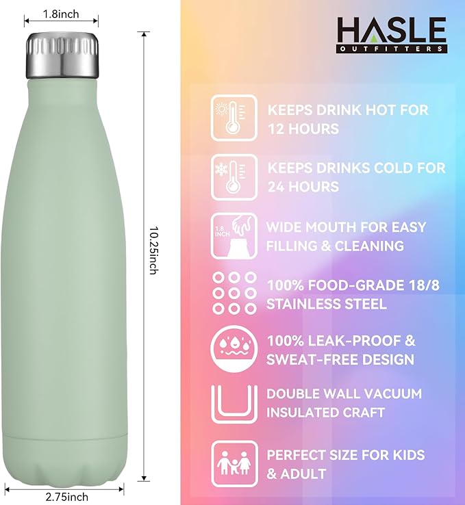 HASLE OUTFITTERS 17oz Stainless Steel Water Bottles Bulk, Vacuum Insulated Water Bottles Double Walled Powder Coated Reusable Metal Sports Water Bottles Keep Drinks Hot and Cold, Light Green, 8Packs
