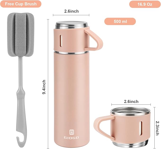 Stainless Steel Thermo 500ml/16.9oz Vacuum Insulated Bottle with Cup for Coffee Hot drink and Cold drink water flask.(Pink,Set)