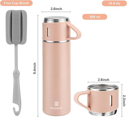 Stainless Steel Thermo 500ml/16.9oz Vacuum Insulated Bottle with Cup for Coffee Hot drink and Cold drink water flask.(Pink,Single)