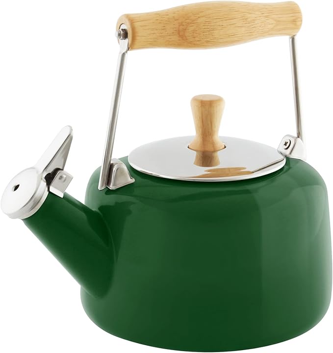 Chantal SVEN Enamel on Steel Whistling Teakettle with Natural Wood handle, 1.4 quarts (Forest Green)