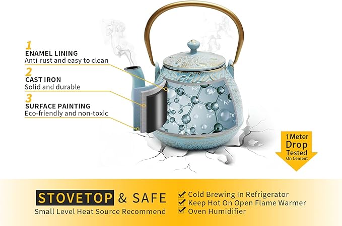 TOPTIER Japanese Cast Iron Tea Kettle with Stainless Steel Infuser, Cast Iron Teapot Stovetop Safe, Leaf Design Teapot Coated with Enameled Interior, 32 Ounce (950 ml), Turquoise Blue