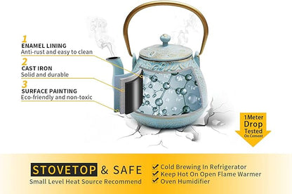 Tea Kettle, TOPTIER Japanese Cast Iron Tea Kettle with Infuser for Loose Leaf and Tea Bags, Stovetop Safe Cast Iron Teapot Coated with Enameled Interior for 40 oz (1200 ml), Turquoise Blue