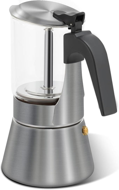 Grasseed Crystal Glass-Top Moka Pot, Brushed Stainless Steel Stovetop Espresso Maker for Italian Coffee - 9 Cup/360ml/12.6oz