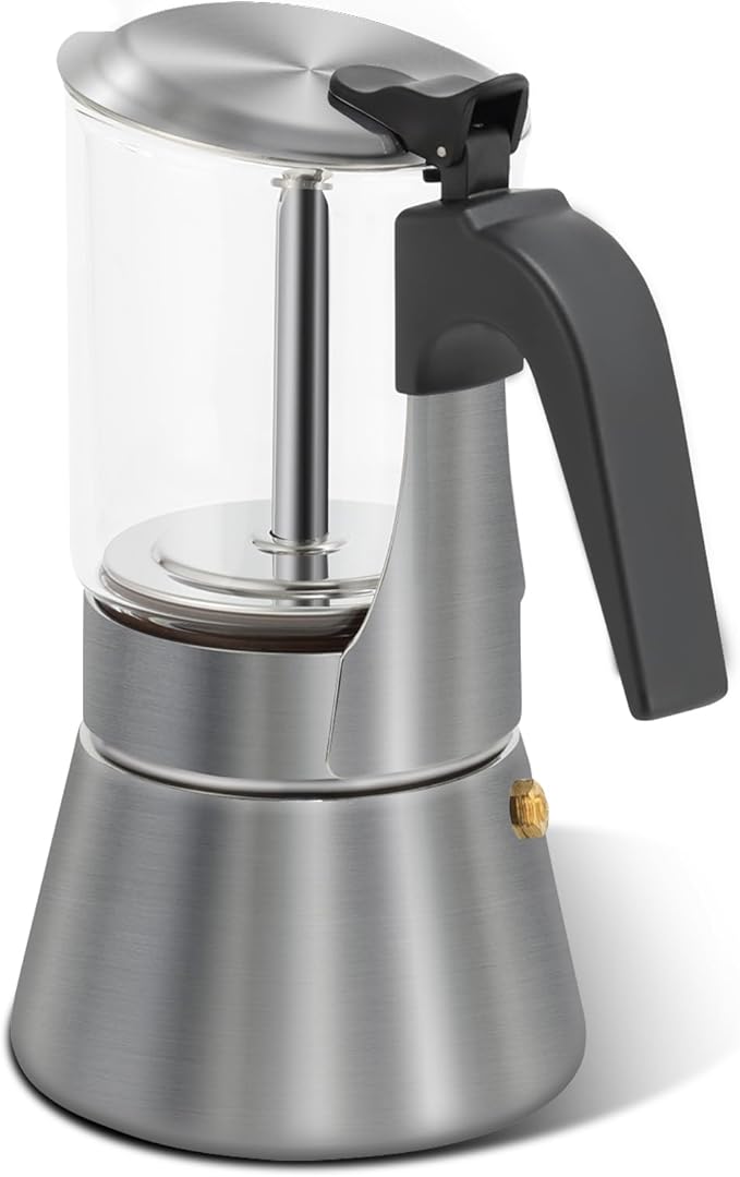 Grasseed Crystal Glass-Top Moka Pot, Brushed Stainless Steel Stovetop Espresso Maker for Italian Coffee - 9 Cup/360ml/12.6oz
