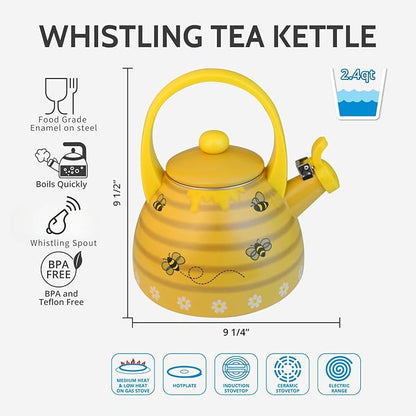 Whistling Tea Kettle for Stove Top Enamel on Steel Teakettle, Supreme Housewares Bee Hive Design Teapot Water Kettle Cute Kitchen Accessories Teteras (2.4 Quart, Bee Hive)