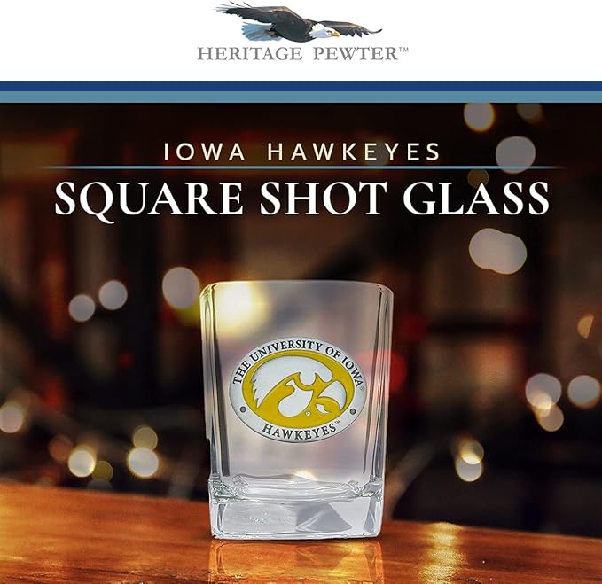 Heritage Pewter University of Iowa Square Collector's Glass | Hand-Sculpted 1.5 Ounce Glassware | Intricately Crafted Metal Pewter Alma Mater Inlay