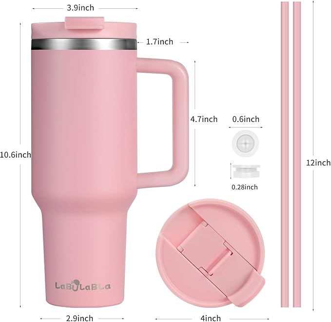 40oz Tumbler with Handle,Double Wall Vacuum Reusable Stainless Steel Insulated Water Bottle,With Leak Proof lid and Straw for Iced or Cold Beverages (light pink)