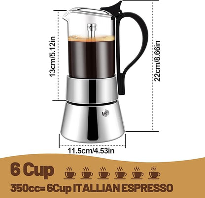 6 Cup Glass Transparent Moka Pot Stainless Steel Uncoated Stovetop Espresso Maker Italian Coffee Makers Mocha Greca Machine Cafe Classic Induction Cookers for Home Camping 350ml