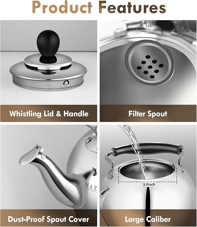 Whistling Tea Kettle Stovetop - 2.3 Quart Round Tea Pot for Stovetop, Silver Mirror Polished Classic Stovetop Kettle, Food Grade Material Teapot for Stove Top