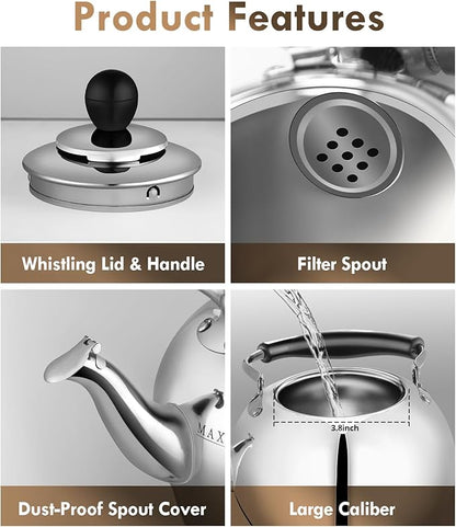 Whistling Tea Kettle Stovetop - 2.3 Quart Round Tea Pot for Stovetop, Silver Mirror Polished Classic Stovetop Kettle, Food Grade Material Teapot for Stove Top