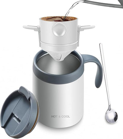 16oz Camping Coffee Maker Pour over Coffee Maker Set, Outdoor Portable Hand Drip Coffee Cup, Home Coffee Brewing and Filtering System, Double-Layer Vacuum 304 Stainless Steel (White)