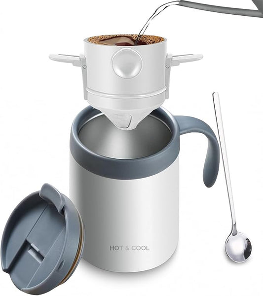 16oz Camping Coffee Maker Pour over Coffee Maker Set, Outdoor Portable Hand Drip Coffee Cup, Home Coffee Brewing and Filtering System, Double-Layer Vacuum 304 Stainless Steel (White)