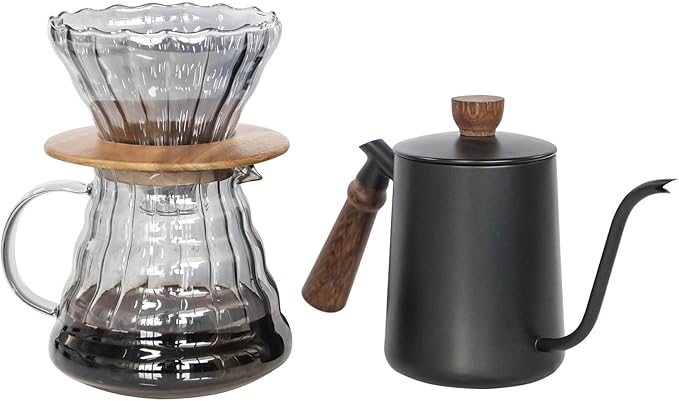 SOTECH Pour Over Coffee Maker Set with Black Gooseneck Kettle, Wooden Pad Holder, Coffee Dripper Server, DIY Manual Portable Coffee Maker Set