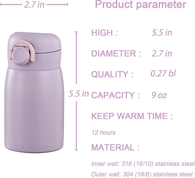 9 oz Mini Water Bottle Small Stainless Steel Thermos - Insulated Vacuum, Leak Proof, Keeps Drinks Hot/Cold - Ideal for Coffee, beverage, Water - Purple