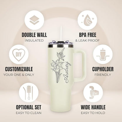 Personalized Tumbler with Pictures Text Name, Custom Double Wall Insulated Tumbler, 20oz Coffee Tumbler with lid and straw, Personalized Birthday Gifts for Women Men Friend Christmas (40oz Birthday)