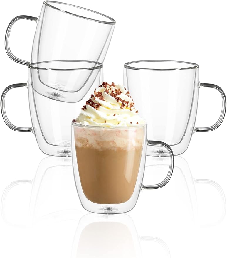 Sweese 12.5oz Borosilicate Glass Coffee Mugs Set of 4 - Double Walled, Clear Cups for Espresso, Latte, Tea