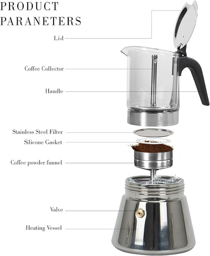 Stovetop Espresso Maker, 9Cup 360ml Moka Pot, Crystal Glass-top & Stainless Steel Coffee Maker Mocha Pot, Greca De Cafe, Cuban and Italian Coffee Maker for Cafetera Cubana