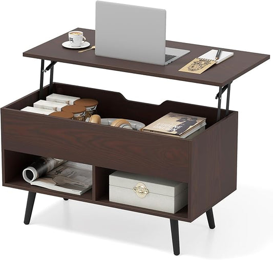 Tangkula Lift Top Coffee Table, Modern Cocktail Table with Hidden Compartment & 2 Open Shelves, Flip Top Center Table, Wooden Pull up Coffee Table for Living Room, Reception Room, Office (Brown)