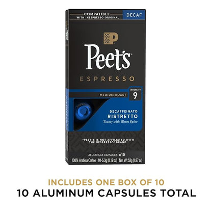 Peet's Coffee Espresso Capsules, Decaffeinato Ristretto Intensity 9 Medium Roast Coffee, 10 Count, Compatible with Nespresso Original Line System (Pack of 2)