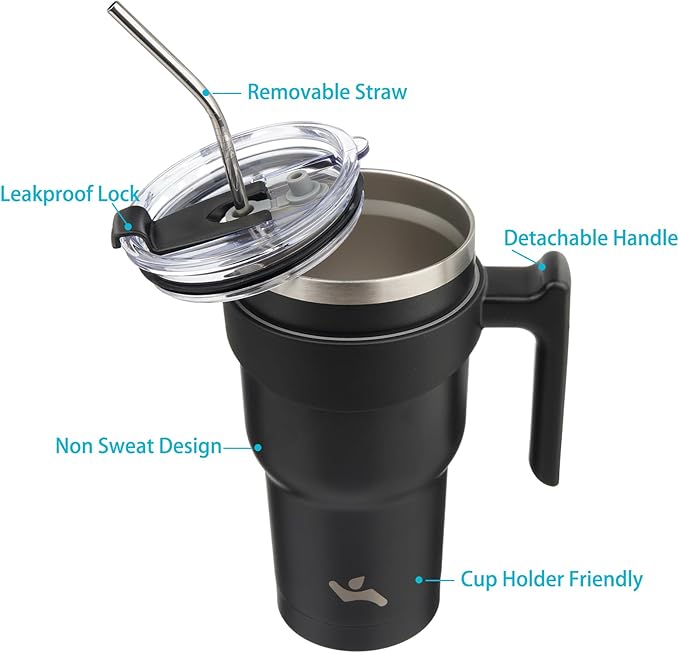 30 oz Tumbler with Handle and 2 Straw 2 Lid, Insulated Water Bottle Stainless Steel Vacuum Cup Reusable Travel Mug,Black