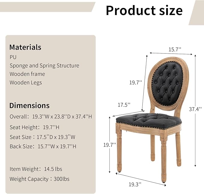 Vintage French Country Dining Chairs Set of 6, PU Leather Dining Chairs with Solid Wood Legs, Black Upholstered Dining Chair, Sillas para Comedor, Kitchen & Dining Room Chair (Black, PU, 6Pcs)