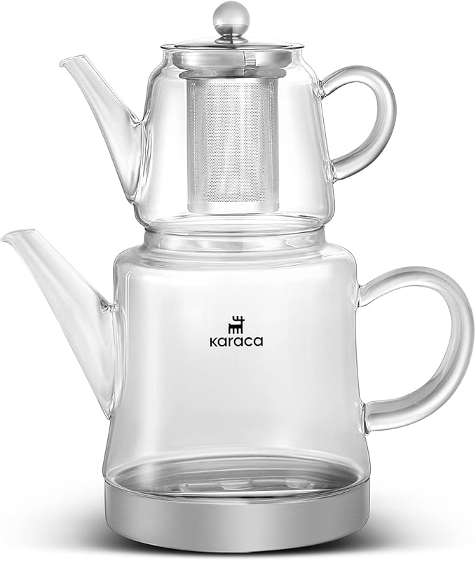 Karaca Dora Teapot Set, Glass, Tea Pot 0.45 L, Kettle 1.8 L, Silver, Transparent, Tea Maker, Turkish Tea Kettle, Tea Maker