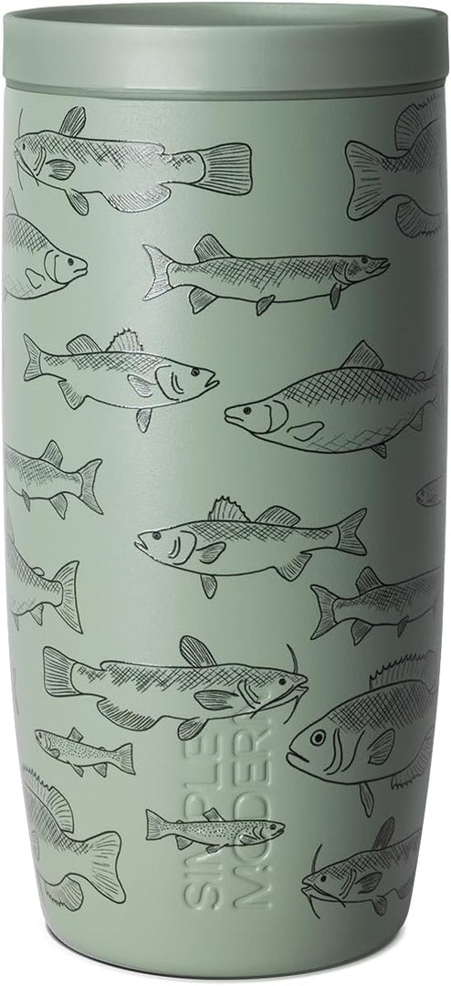 Simple Modern Father's Day Signature Voyager | 16oz Travel Coffee Mug Tumbler with 360° Lid | Gifts for Dad, Him | Ceramic-Lined Insulated Stainless Steel Cold Brew Iced Coffee Cup | Fish On